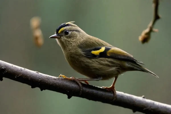 the Goldcrest's interaction with its environment, as well as details of its behavior, such as feeding its young or melodious singing.